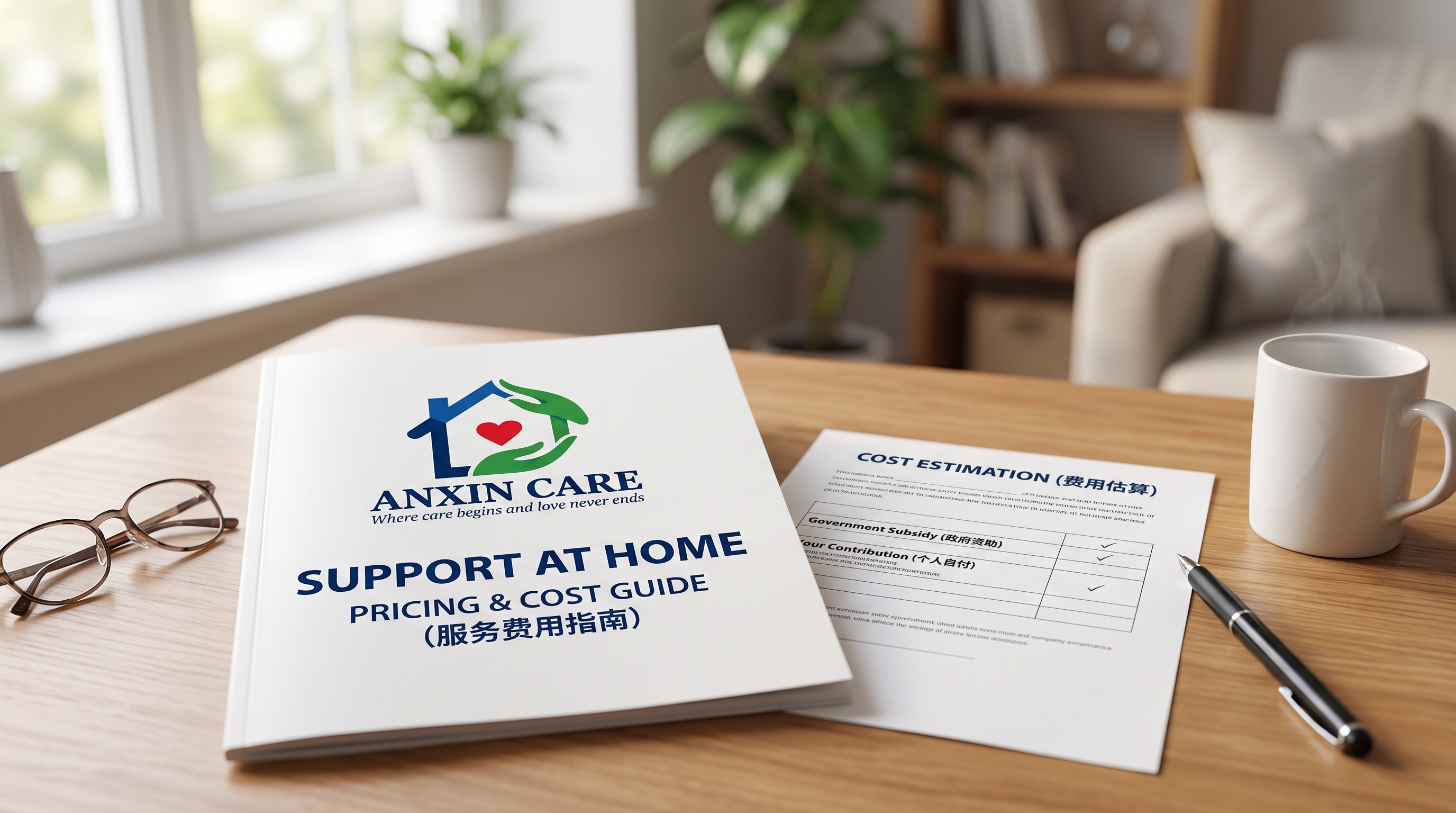 桌面上的安心 Care 居家支持服务费用指南和费用估算表